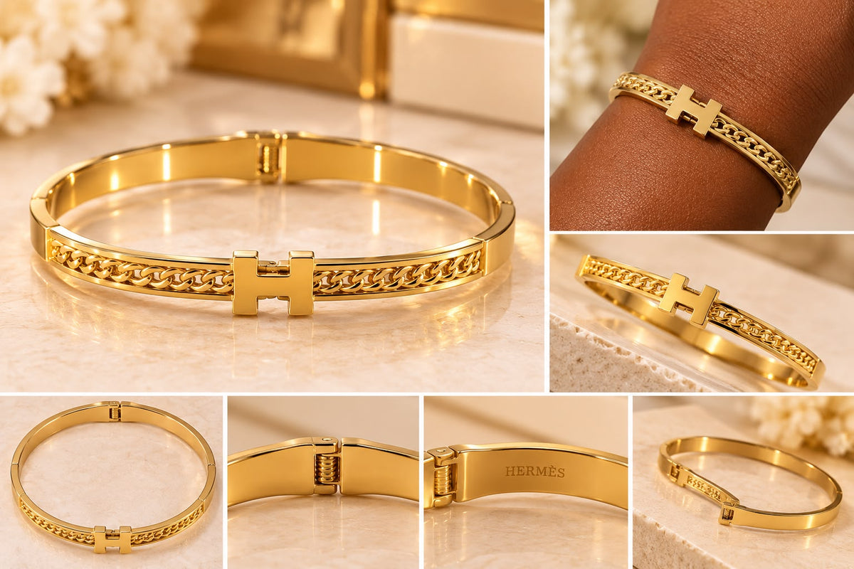 Elegant Gold Chain Detail Bangle Bracelet