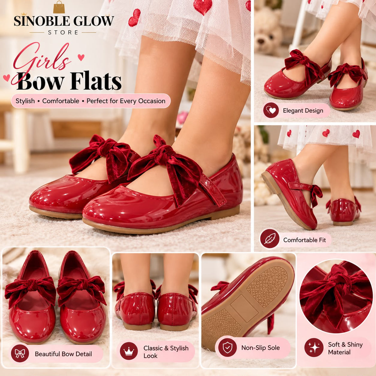 Girls Red Bow-Elegant & COMFORTABLE
