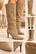 Beige Suede Pointed-Toe Knee-High Boots