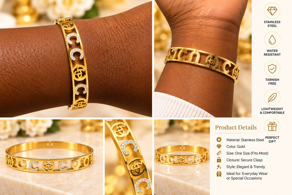 Gold Stainless Steel  Crystal Brangle Bracelet