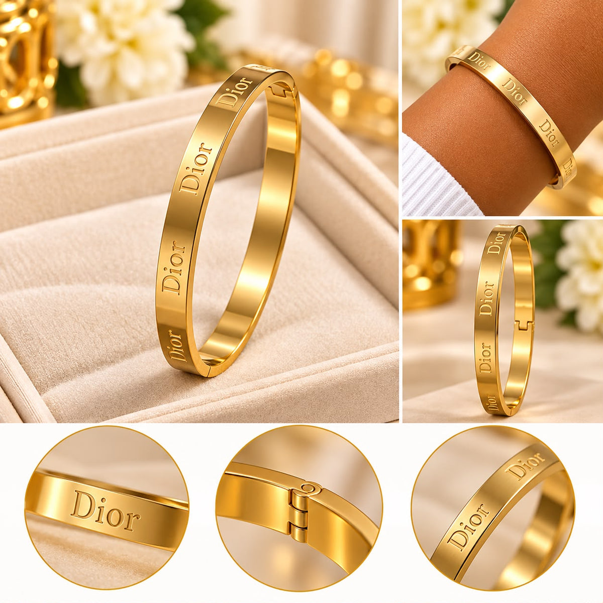 Elegant Gold Engraved Bangle Bracelet Dior