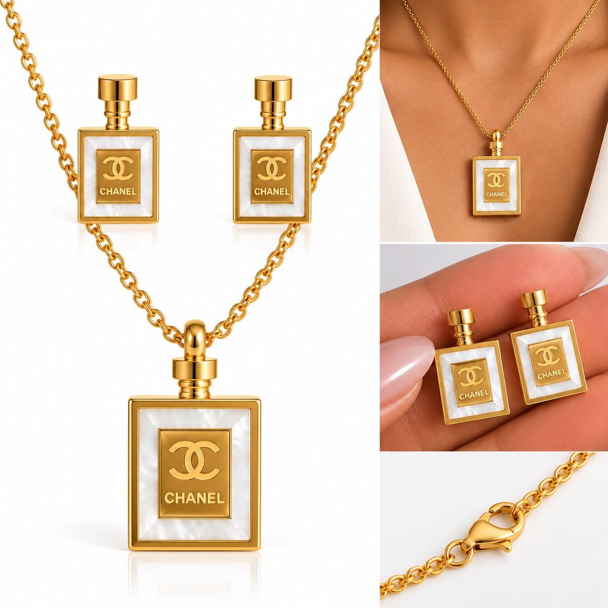 Gold Perfume Bottle Necklace & Earrings Set