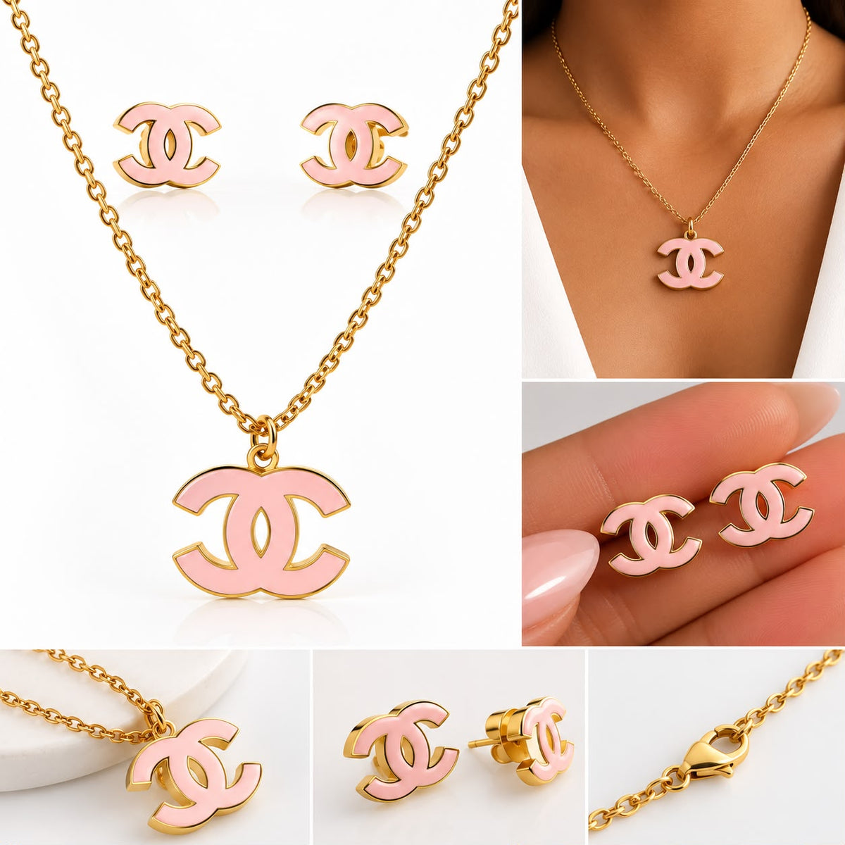 Pink & Gold Pendant Necklace and Earrings Set