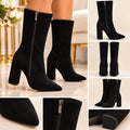 Black Pointed-Toe Block Heel Boots