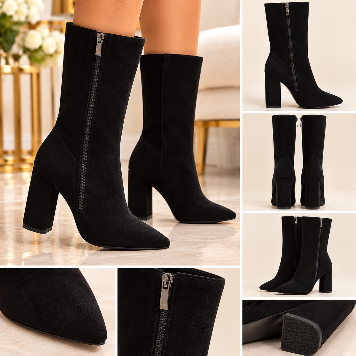 Black Pointed-Toe Block Heel Boots