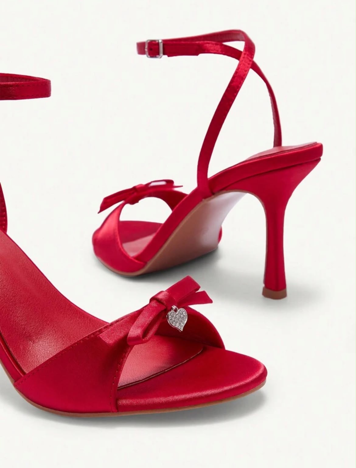 Red Satin Bow Heels-Elegant Rhinestone Detail
