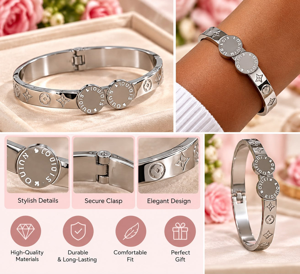 Silver Double Charm Bangle Bracelet-Elegant Women's Jewelry
