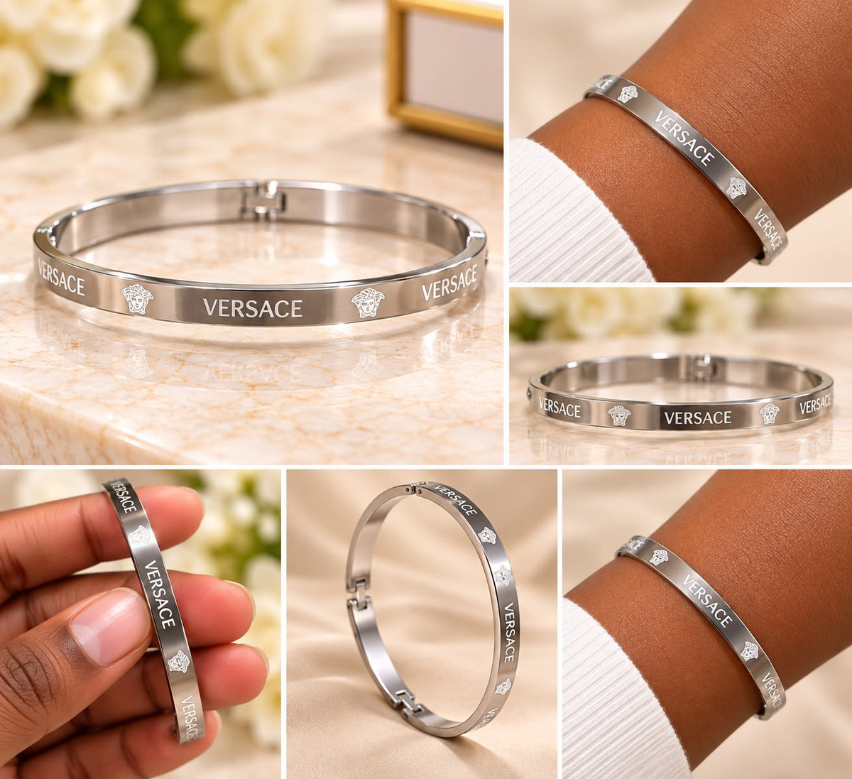 Silver Designer-Inspired Bangle Bracelet