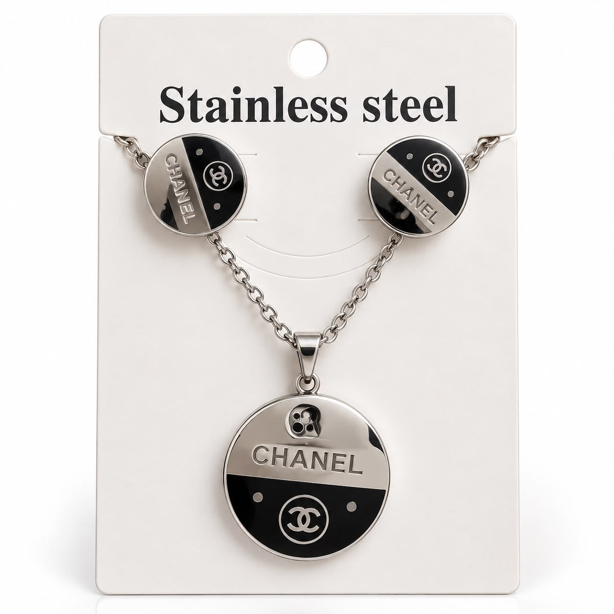 Silver & Black Stainless Steel Necklace & Earrings Set.